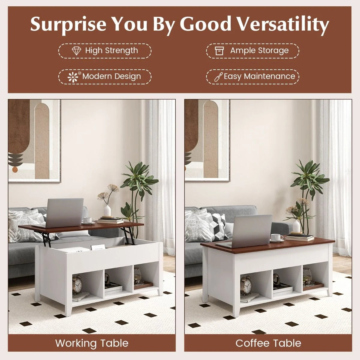 Rising Center Table with Lift Top Hidden Compartment