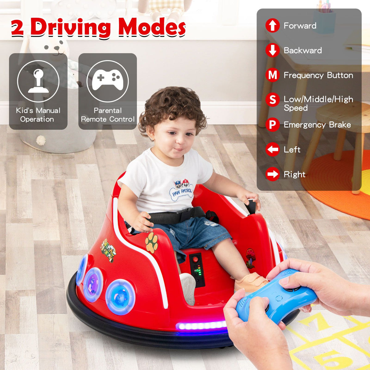 SEDOL 12V High-Performance Kids Bumper Car with 360° Rotation Parental Remote Control Wireless Bluetooth Audio and LED Light Show – 30kg Capacity