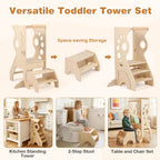 SEDOL 2-in-1 Montessori Convertible Learning Tower & Weaning Table Set with Nested 2-Step Stool, Removable Safety Bars and Integrated Line-Tracking Game