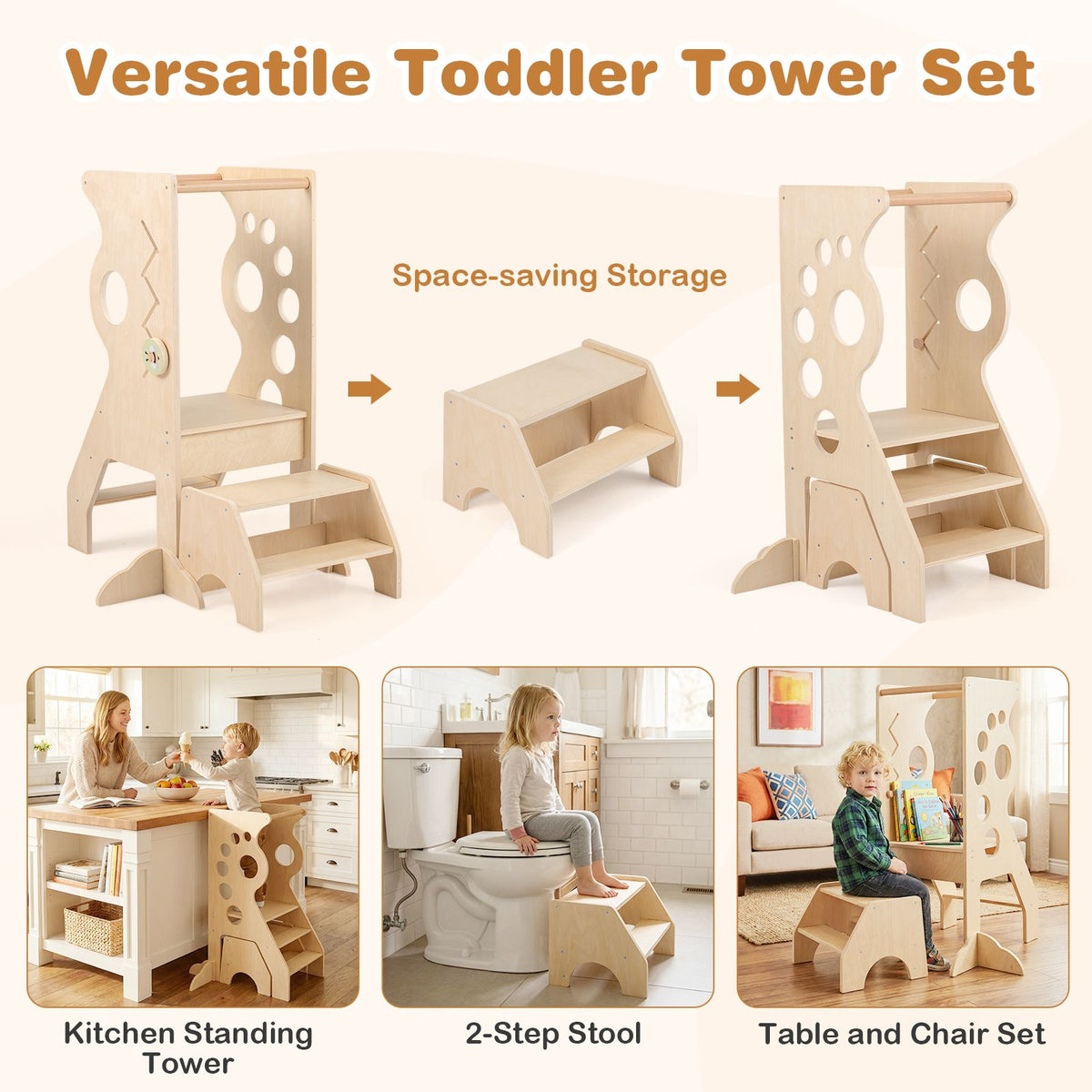 SEDOL 2-in-1 Montessori Convertible Learning Tower & Weaning Table Set with Nested 2-Step Stool, Removable Safety Bars and Integrated Line-Tracking Game