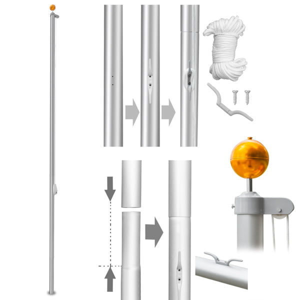 20FT Telescopic Aluminium Flagpole – Outdoor Retractable Splicing Pole with Rotating Rings & Ground Mount