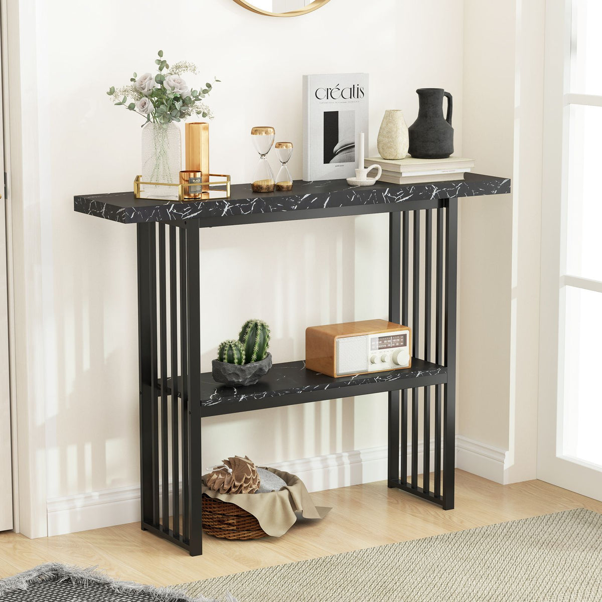2-Tier Faux Marble Console Table for Entryway Living Room Bedroom