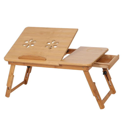 Bamboo Bed Laptop Desk – Adjustable Foldable Lap Desk with Drawer, Cup Holder & Ventilation
