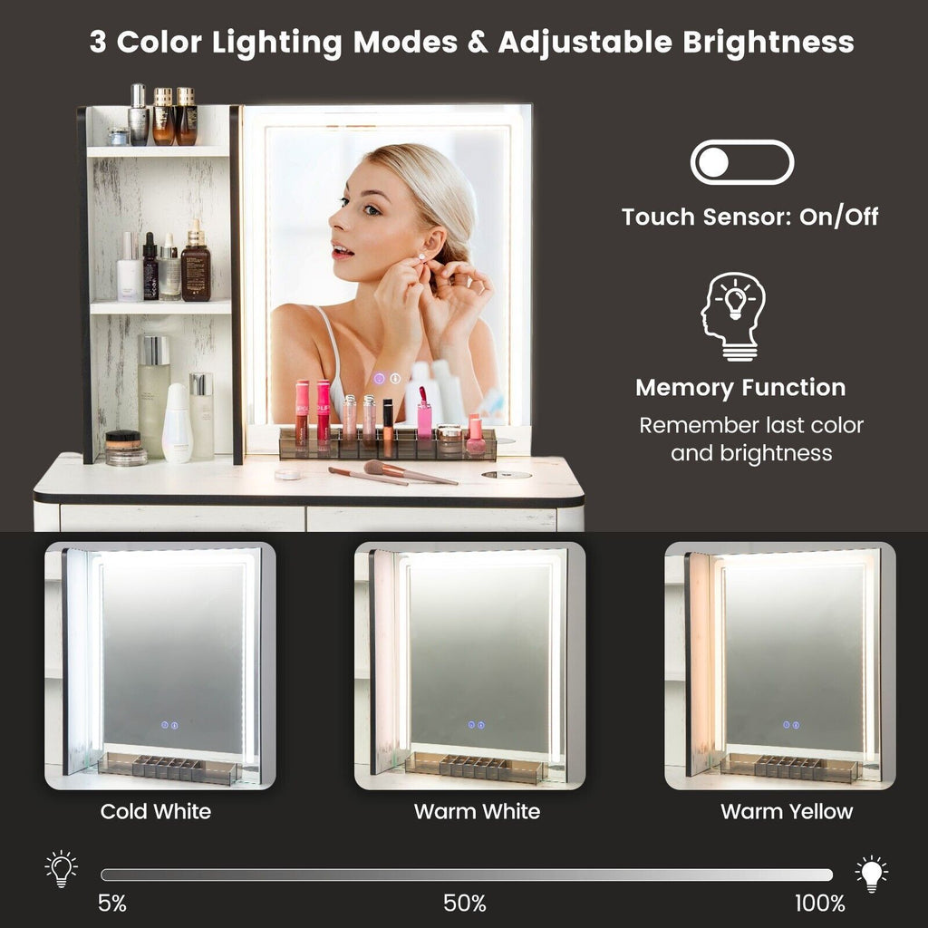 Vanity Table Set with 3-Color LED Lights Mirror and Charging Station
