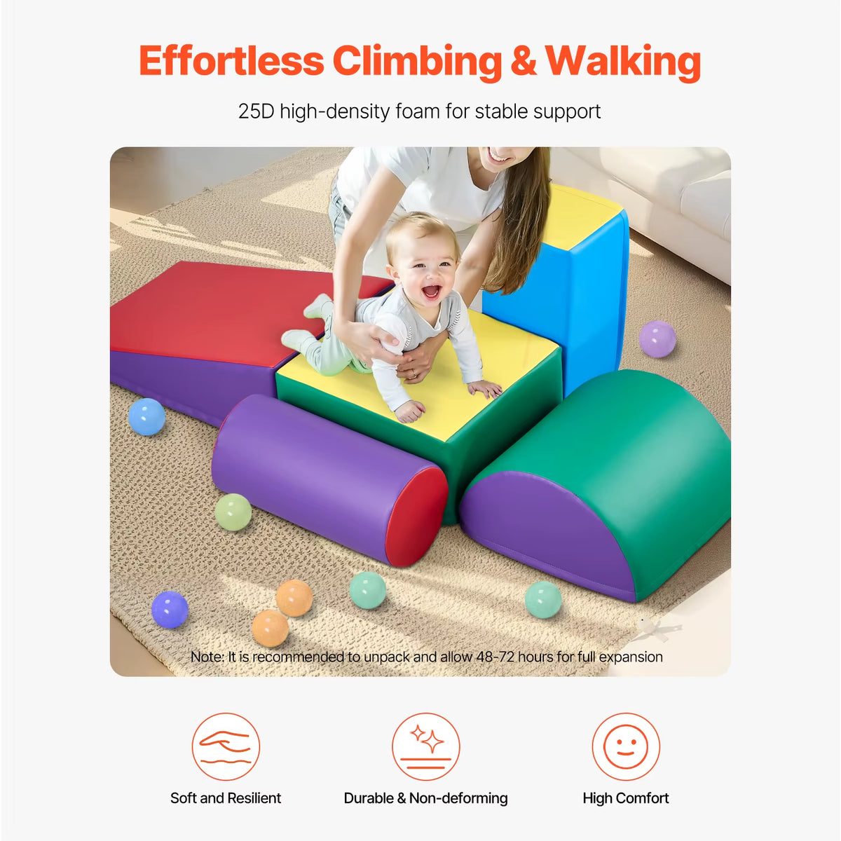 SEDOL 5-Piece Foam Climbing Blocks Soft Play Activity Set Indoor Montessori Crawl and Slide Playset with Anti-Slip Velcro and PU Leather for Toddlers and Babies