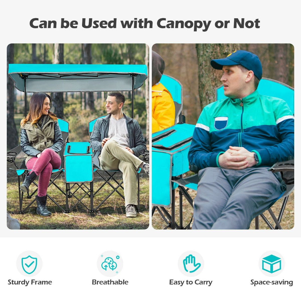 Double Folding Camping Chair with Canopy and Armrests
