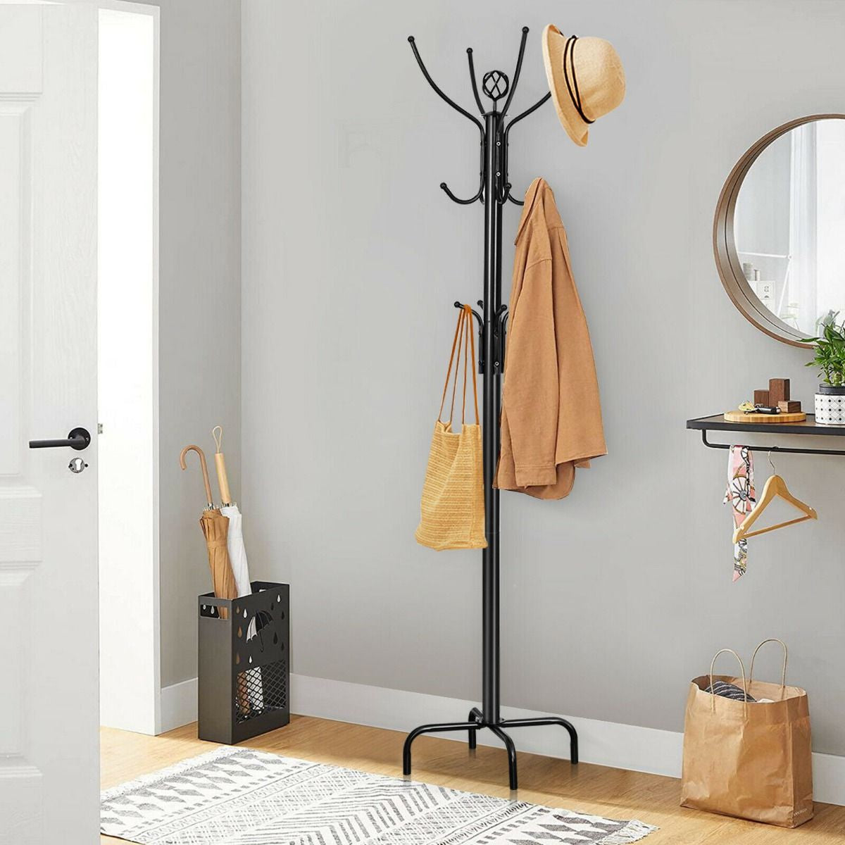 Modern Freestanding Metal Coat Stand with 12 Hooks