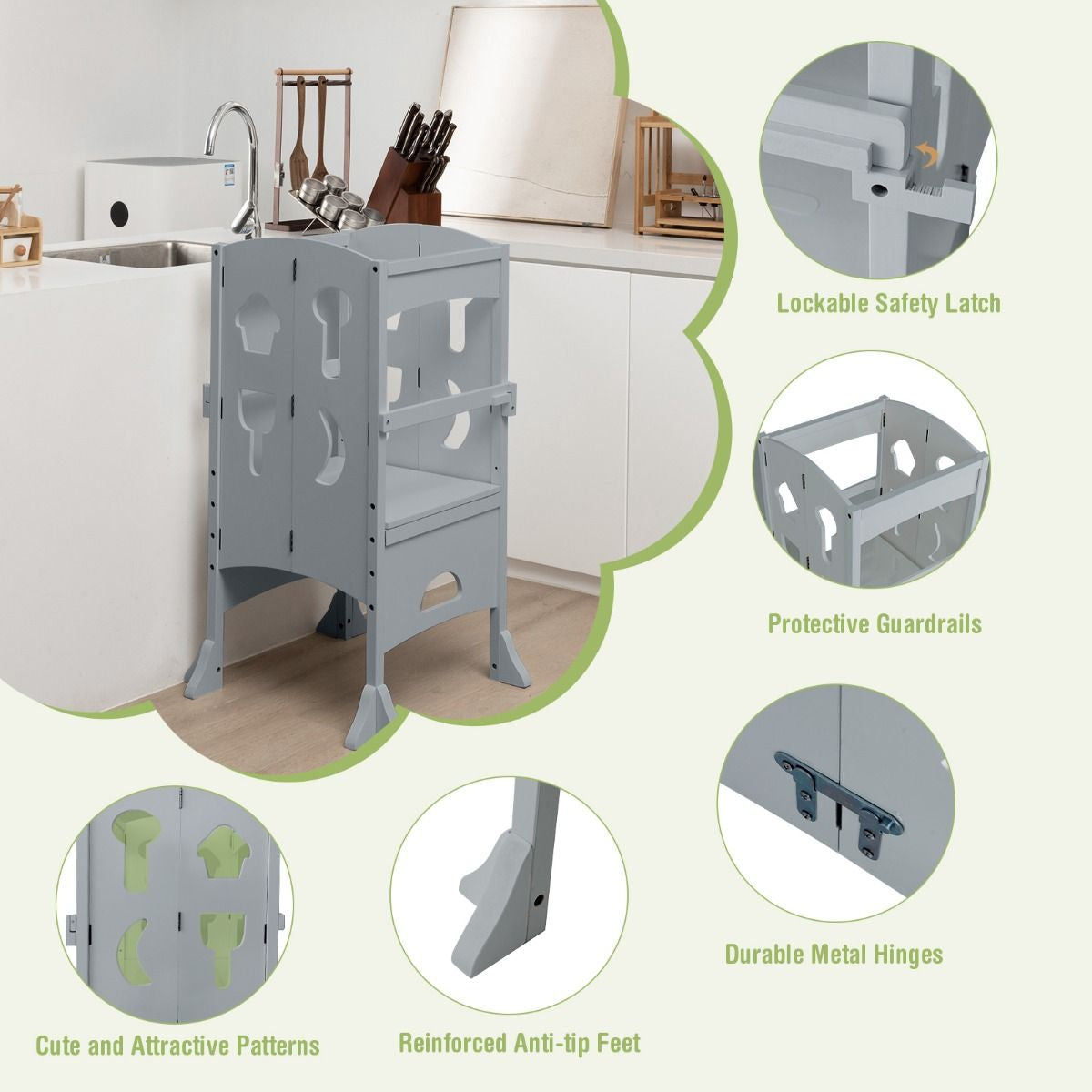 SEDOL Folding Montessori Learning Tower for Toddlers Space-Saving Height Adjustable Kitchen Helper Stool with Safety Latches and Full-Surround Guardrails