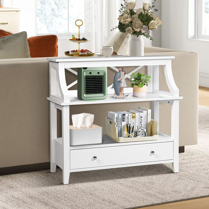 3-Tier X-Shaped Console Table with Drawer and Open Storage Shelves