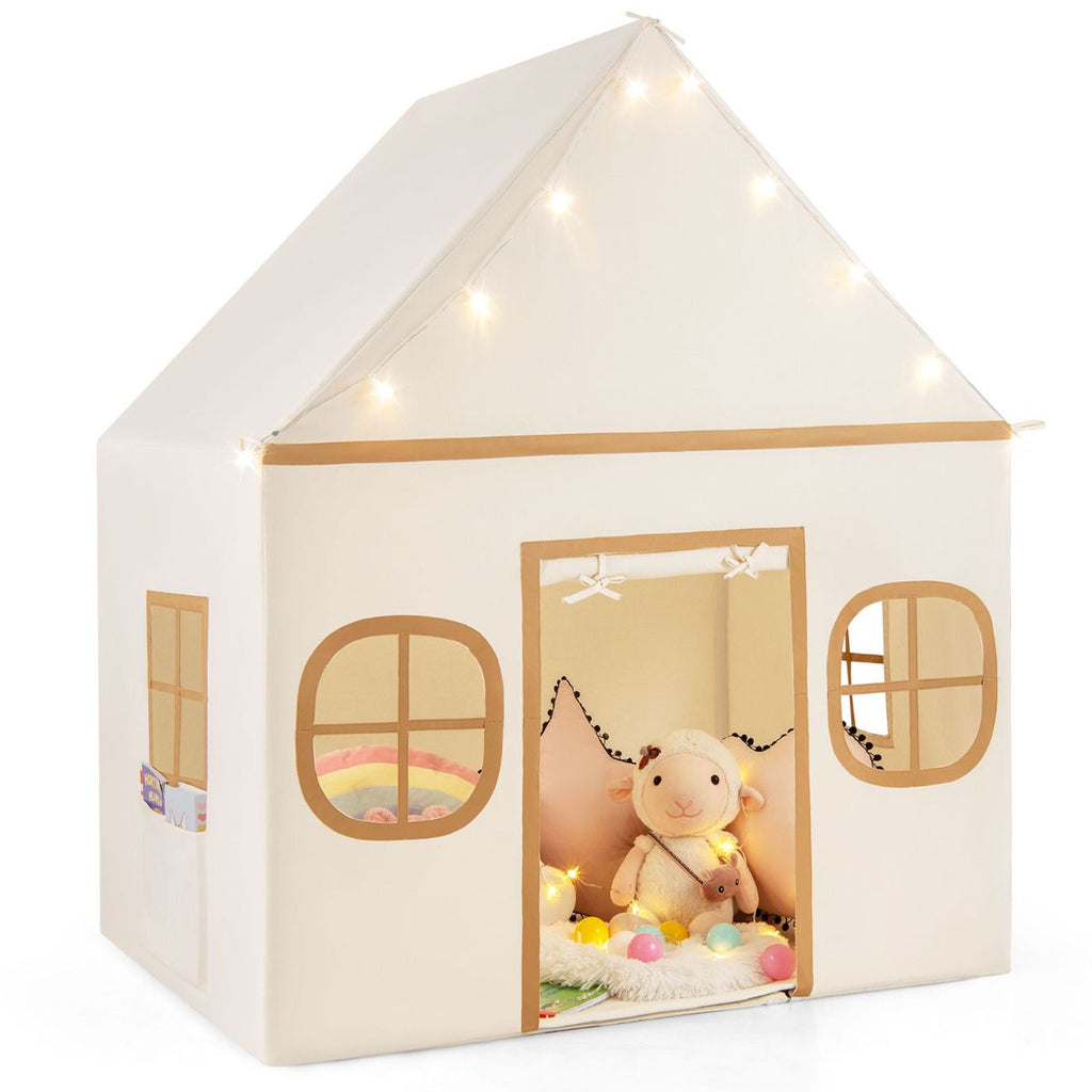 SEDOL Large Indoor Kids Playhouse with Plush Coral Velvet Mat and LED Star Lights Breathable Cotton-Blend Play Tent with Storage Pockets for Reading and Napping