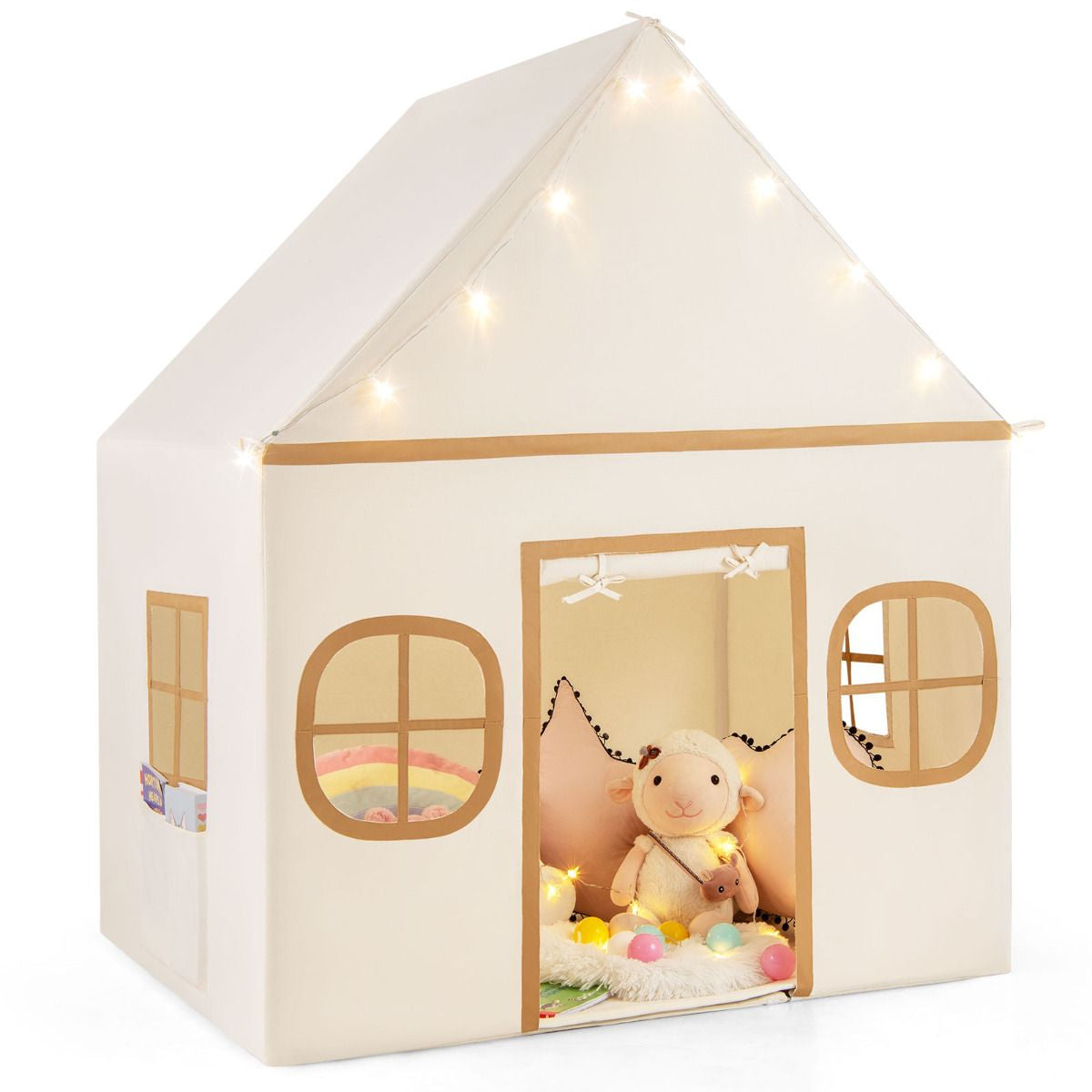 SEDOL Large Indoor Kids Playhouse with Plush Coral Velvet Mat and LED Star Lights Breathable Cotton-Blend Play Tent with Storage Pockets for Reading and Napping