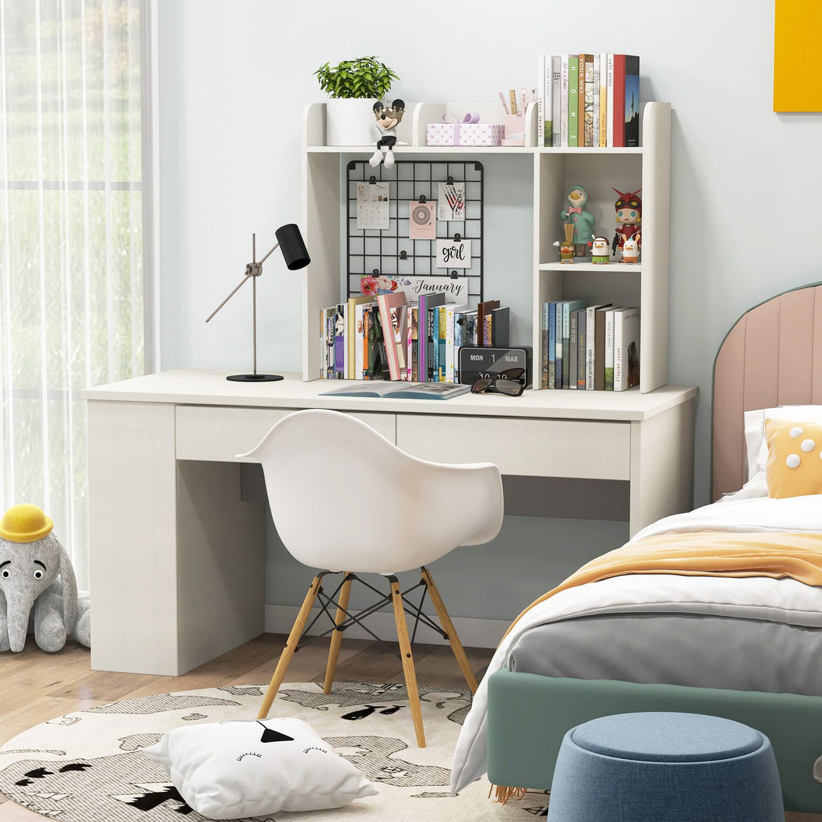 Wooden Desk Bookshelf with 4 Shelves and Open Back Compartment