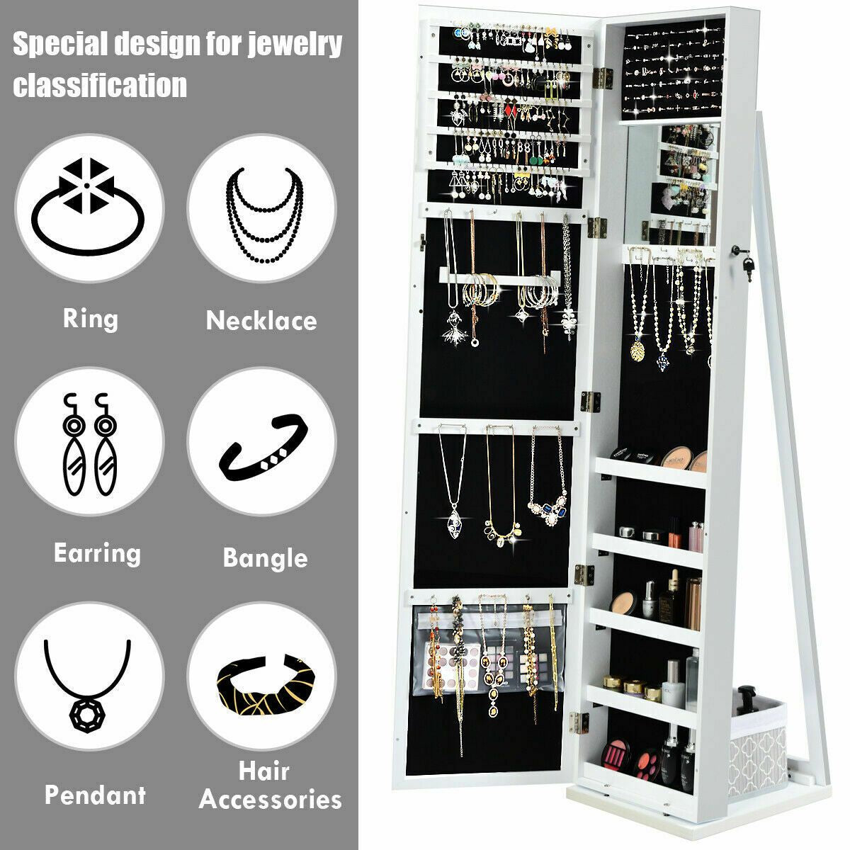3-In-1 Mirrored Jewellery Armoire with Display Shelves
