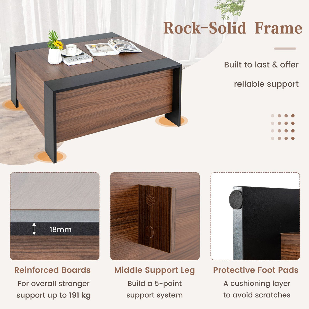 92Cm Square Coffee Table with Sliding Top and Hidden Compartment
