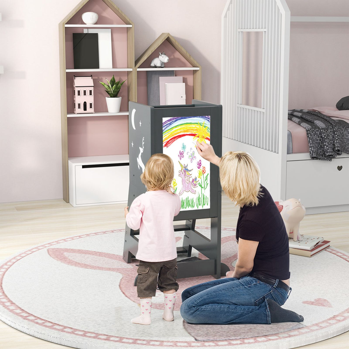 SEDOL 3-in-1 Montessori Learning Tower with Double-Sided Chalkboard & Whiteboard – Height-Adjustable Kitchen Helper Stool with Safety Rails and Anti-Tip Base