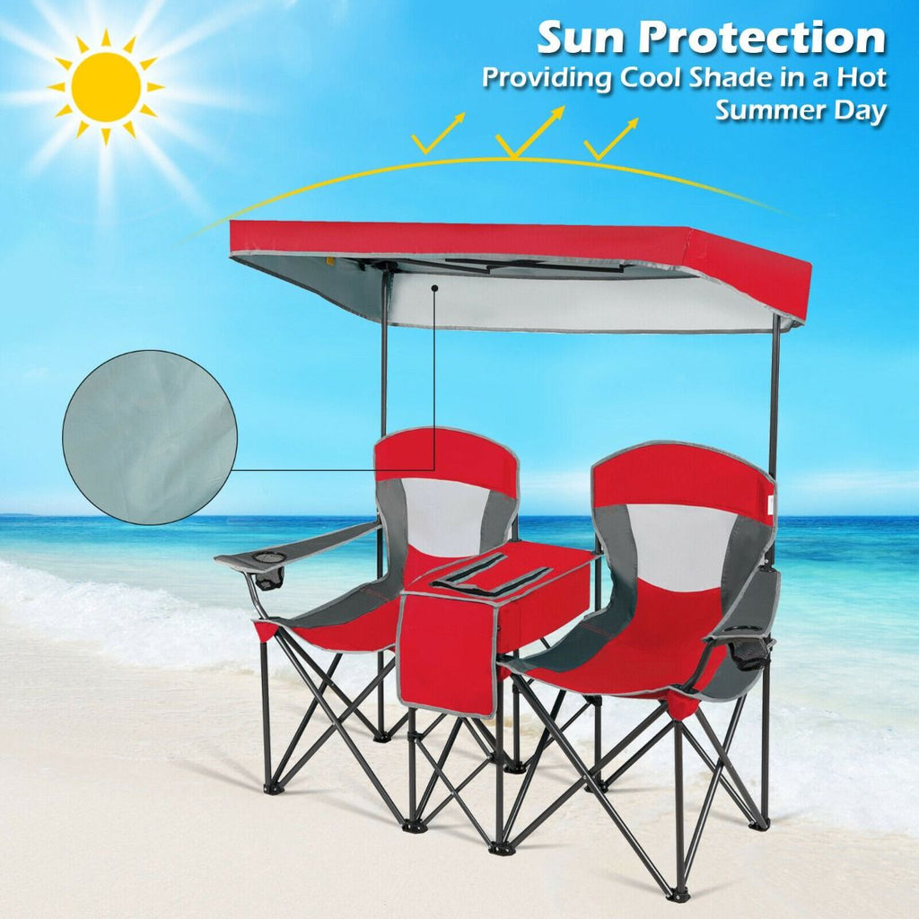 Double Folding Camping Chair with Canopy and Armrests