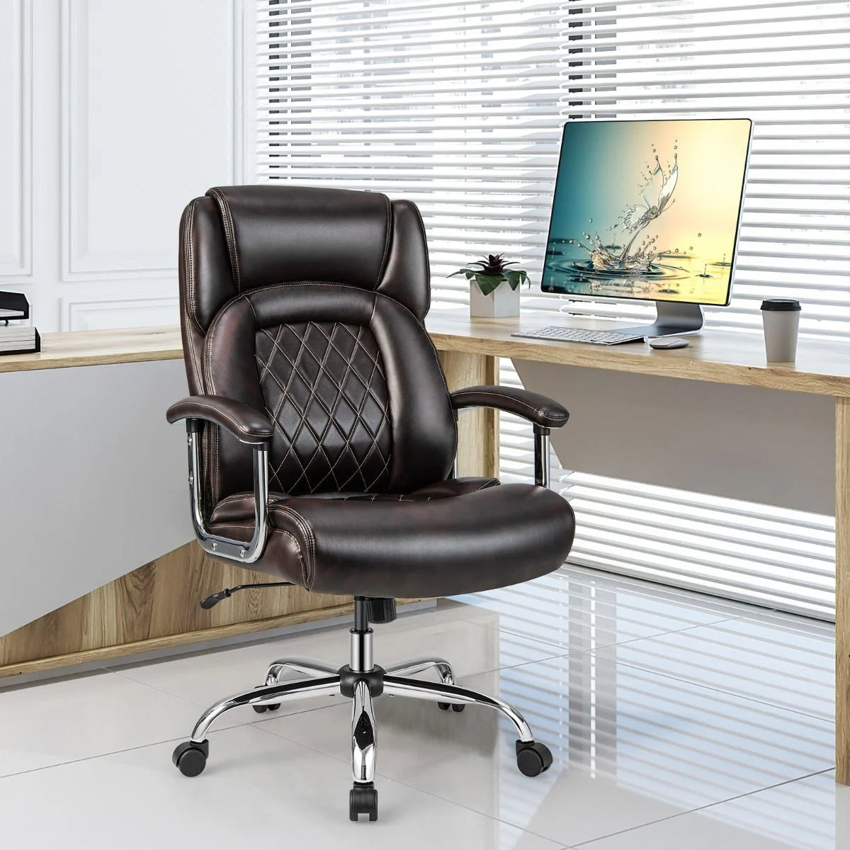 Leather Office Chair with Rocking Mode and Armrests