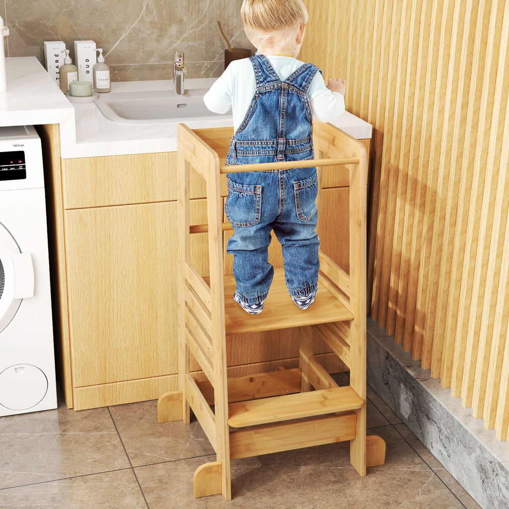 SEDOL Sustainable Bamboo Montessori Learning Tower for Toddlers 4-Level Adjustable Height Kitchen Helper Stool with A-Frame Anti-Tip Safety Rail – 70kg Capacity