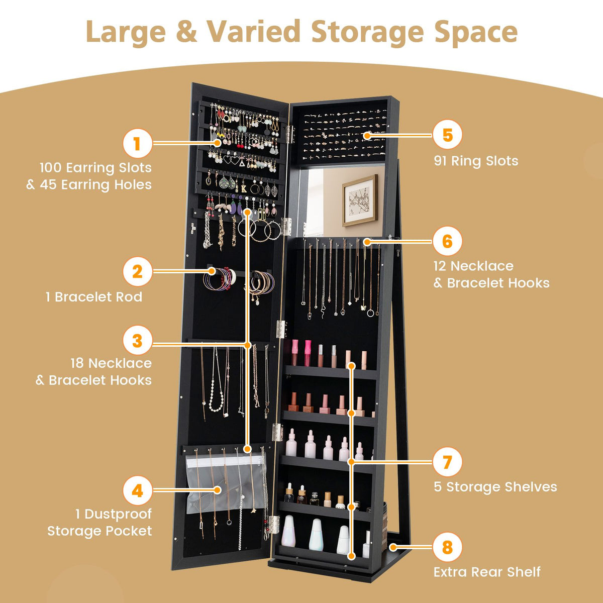 3-In-1 Mirrored Jewellery Armoire with Display Shelves