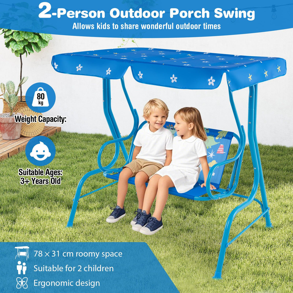 2-Seater Kids Swing Chair with Adjustable Canopy & Safety Belts