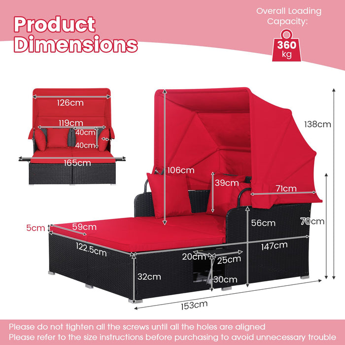 Rattan Daybed with Retractable Canopy, Cushions & Side Trays