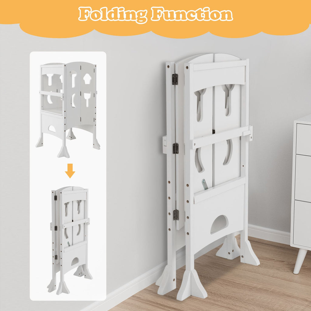 SEDOL Folding Montessori Learning Tower for Toddlers Space-Saving Height Adjustable Kitchen Helper Stool with Safety Latches and Full-Surround Guardrails