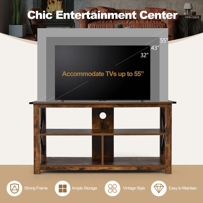 3-Tier Rustic TV Stand with Open Shelves and Cable Management