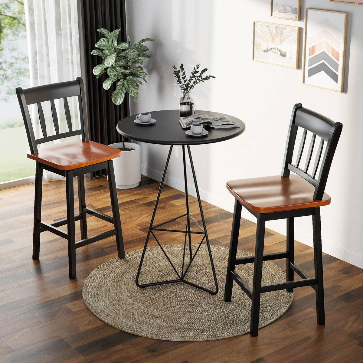 Set of 2 97Cm Swivel Rubber Wood Bar Stools with Backrest and Footrest