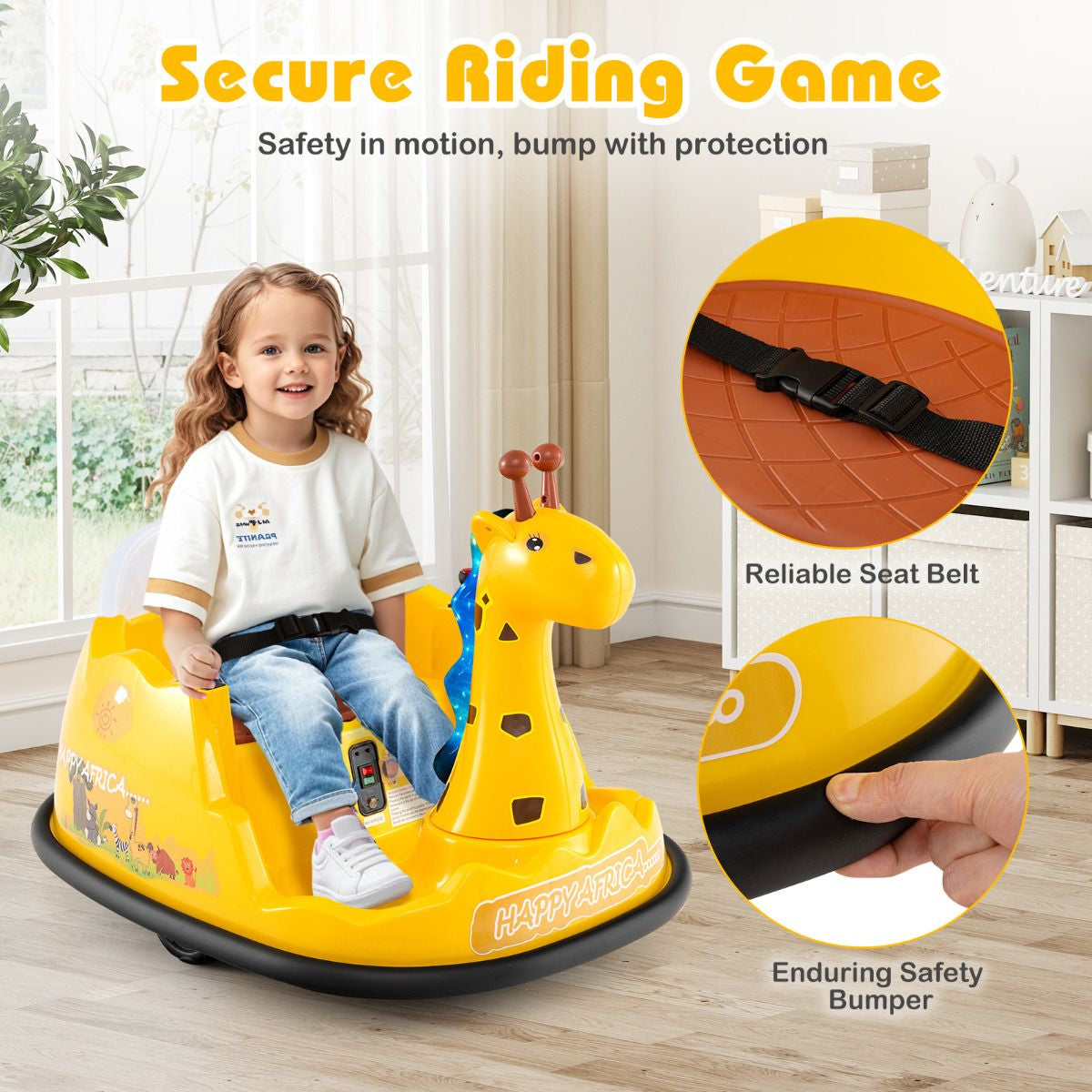SEDOL 12V Giraffe Series Toddler Bumper Car with 360° Zero-Turn Dual Joysticks Parental Remote Control and Integrated LED Sensory Light Show
