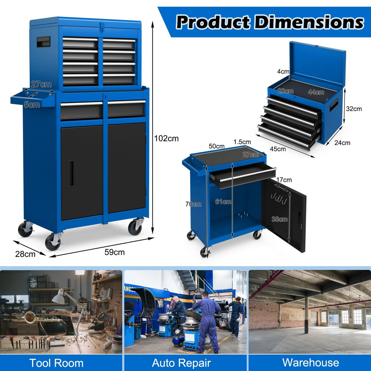 High-Capacity Rolling Tool Cabinet – Lockable Wheels, Metal 2‑in‑1 Chest & Base