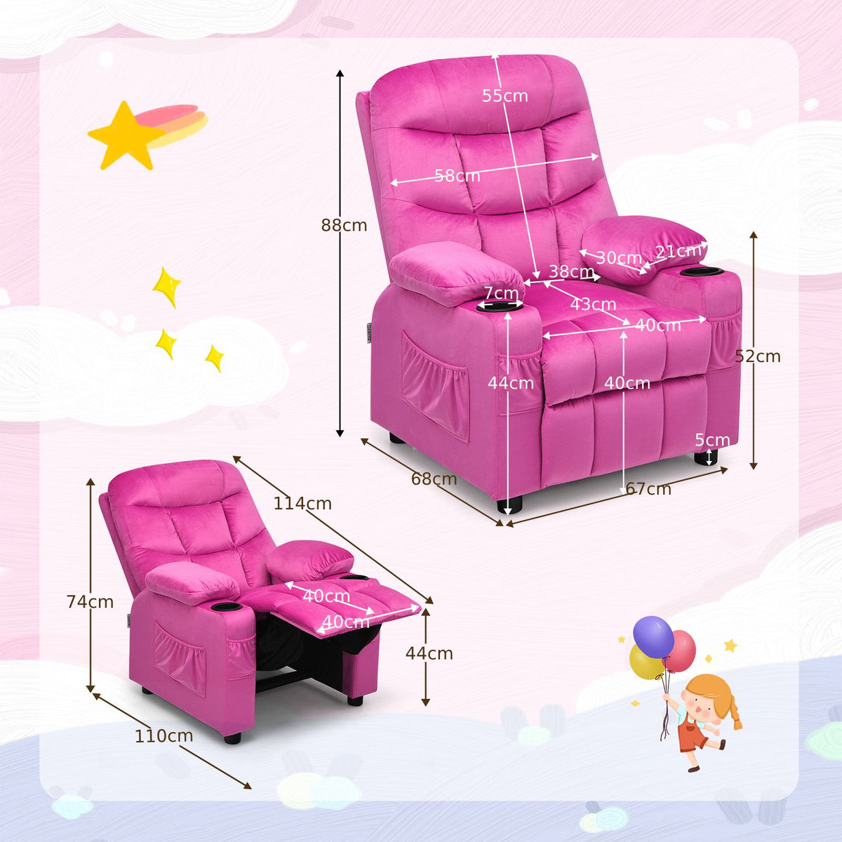 SEDOL Deluxe Larger Kids Recliner Armchair with Dual Cup Holders and Storage Pockets Premium Velvet Children’s Lounge Chair with 130° Adjustable Backrest & Pine Wood Frame