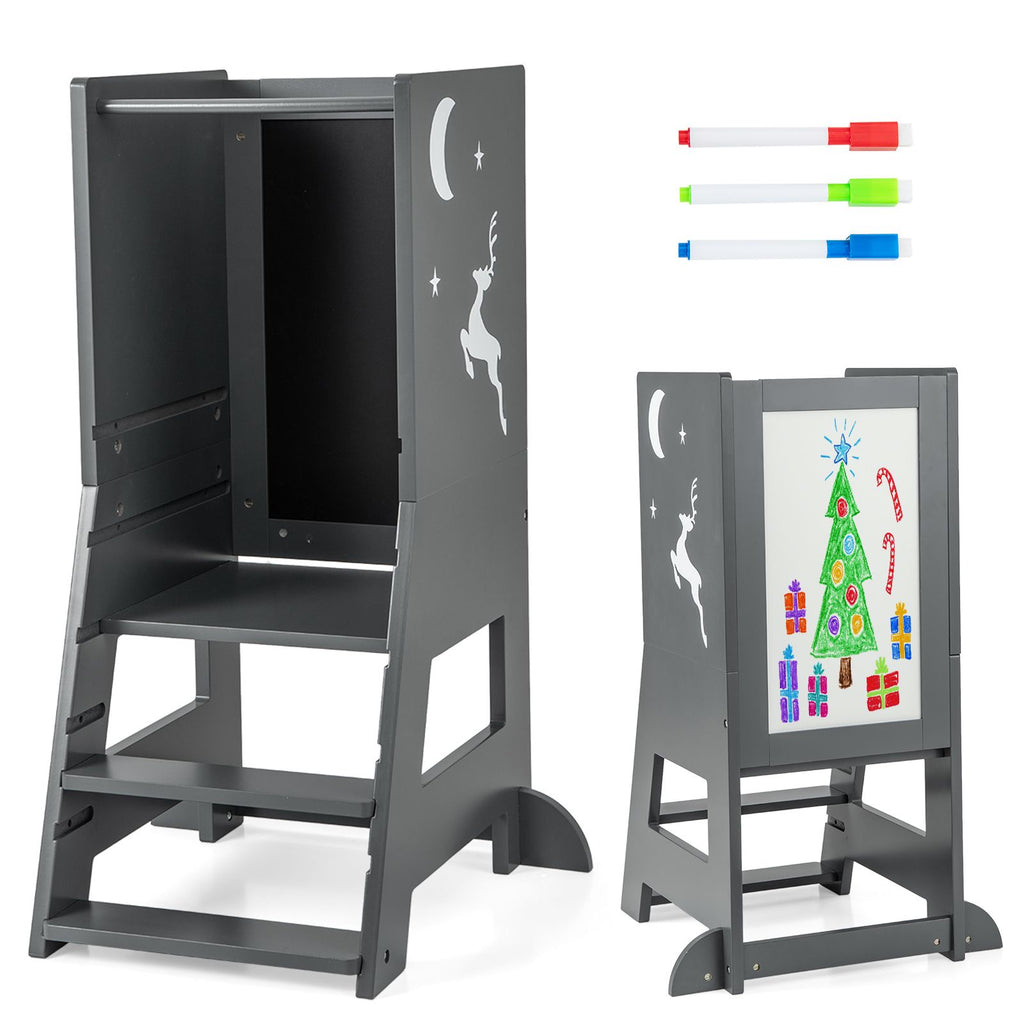 SEDOL 3-in-1 Montessori Learning Tower with Double-Sided Chalkboard & Whiteboard – Height-Adjustable Kitchen Helper Stool with Safety Rails and Anti-Tip Base