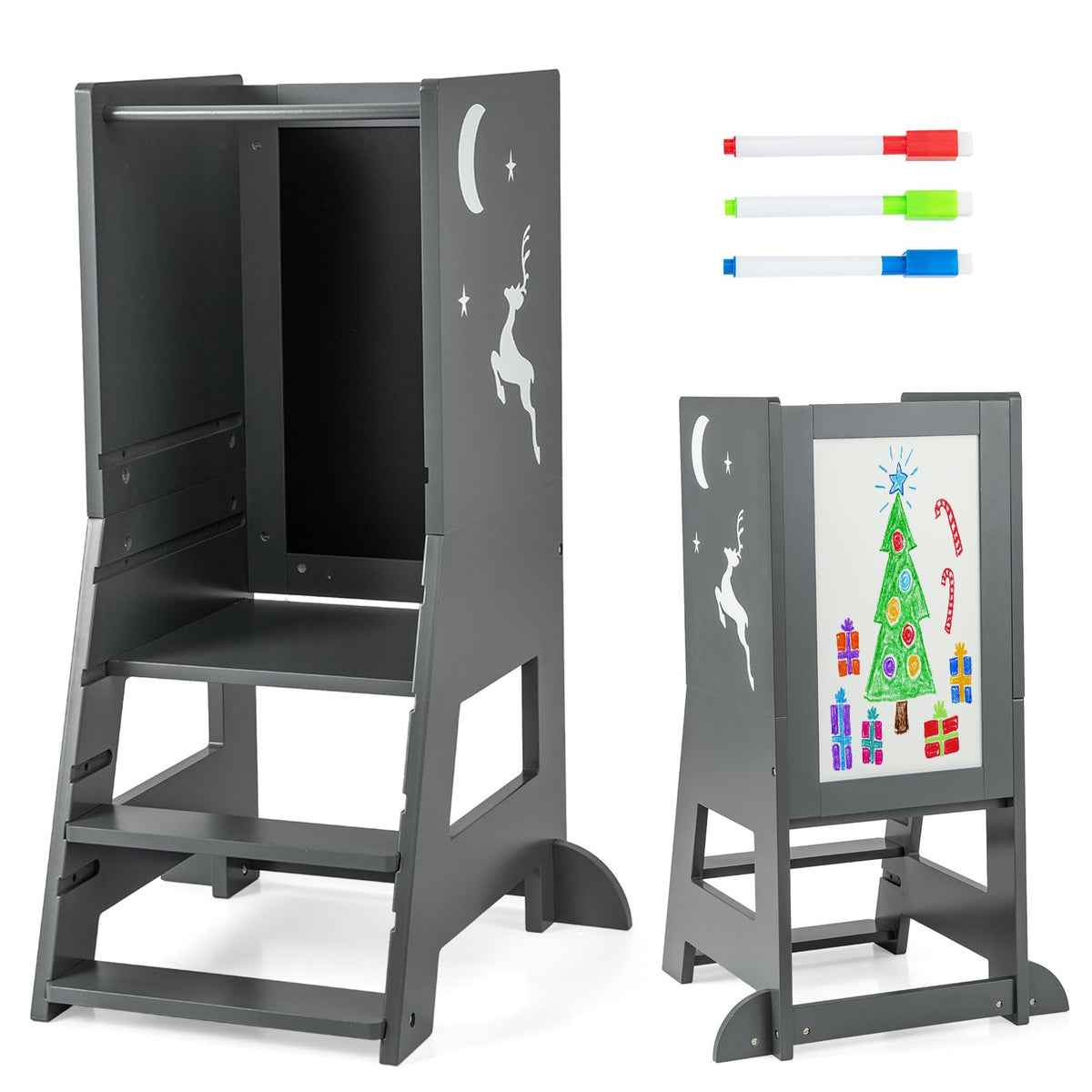 SEDOL 3-in-1 Montessori Learning Tower with Double-Sided Chalkboard & Whiteboard – Height-Adjustable Kitchen Helper Stool with Safety Rails and Anti-Tip Base
