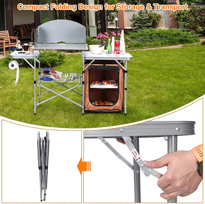 Camping Kitchen Table with Storage & Windscreen – Folding BBQ & Prep Station