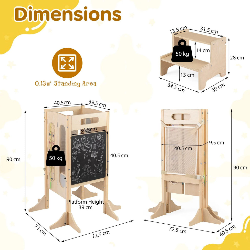 SEDOL 4-in-1 Folding Montessori Learning Tower & Sensory Activity Station — Convertible Kitchen Helper Stool with Art Easel, Step Stool, and Detachable Safety Net