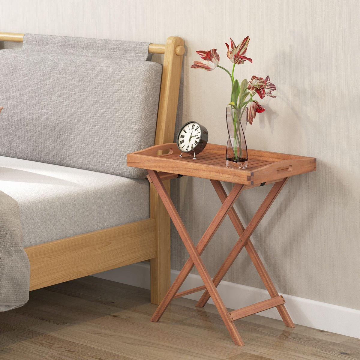 Wooden Side Table with Slatted Tabletop and Sturdy X-Shaped Frame