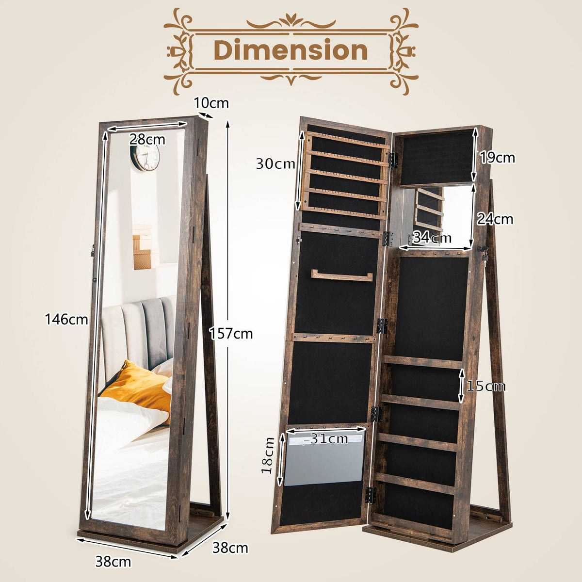 3-In-1 Mirrored Jewellery Armoire with Display Shelves