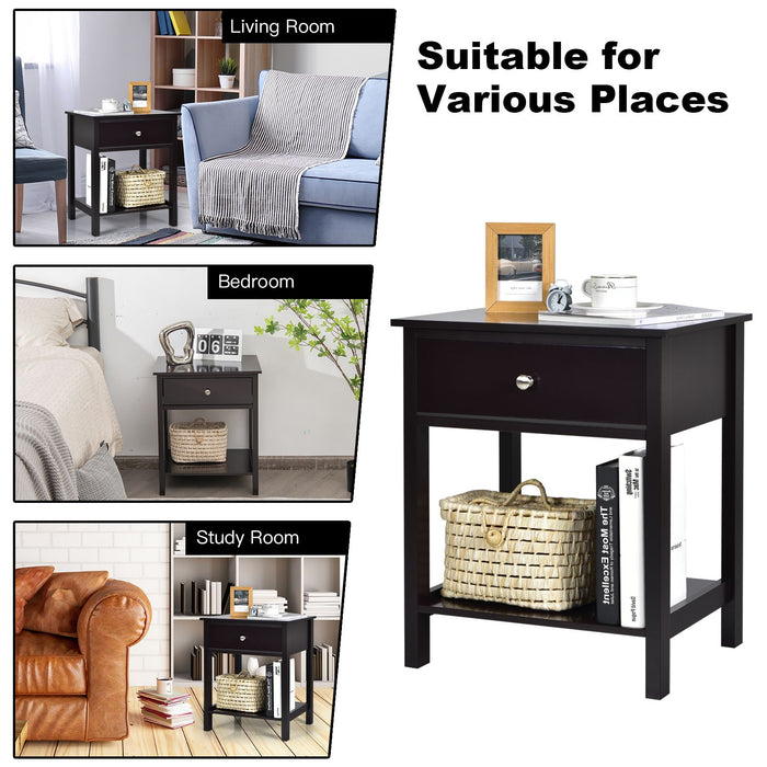 2 Pieces Wooden Nightstand with Drawer and Storage Shelf