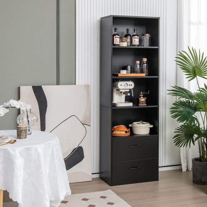6-Tier Modern Wooden Bookshelf with 4 Open Shelves and 2 Drawers