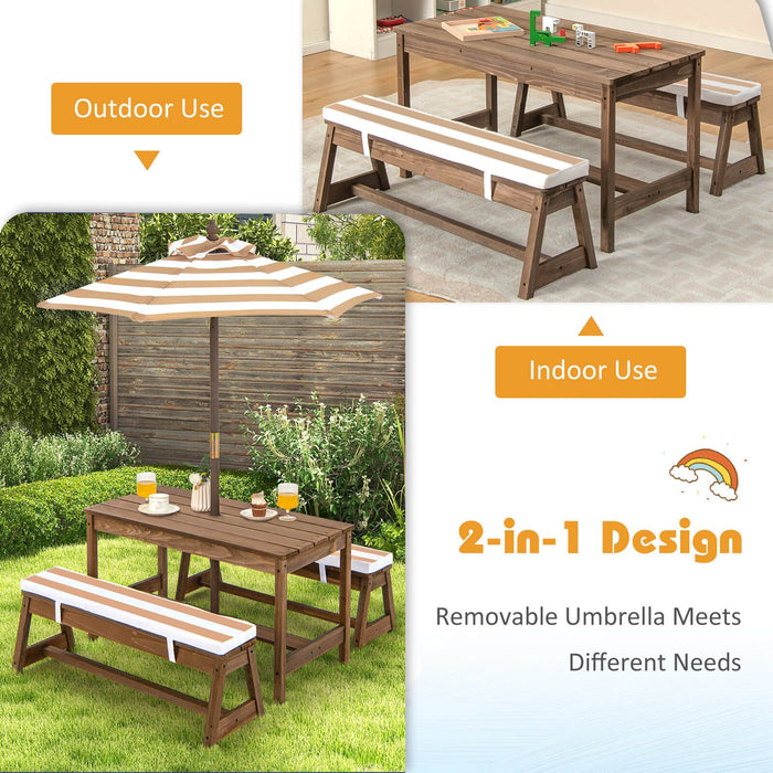 Kids Picnic Table with Cushions & Adjustable Umbrella – Fir Wood Play Table for 4