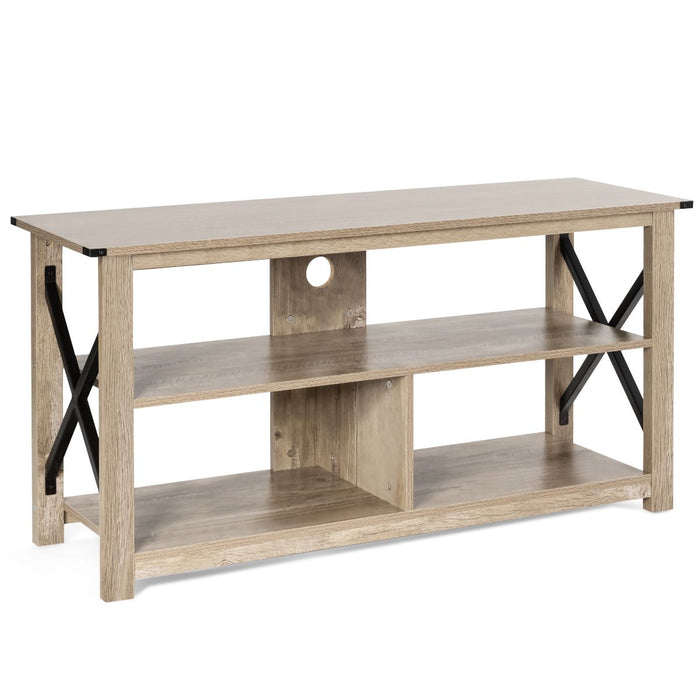 3-Tier Rustic TV Stand with Open Shelves and Cable Management