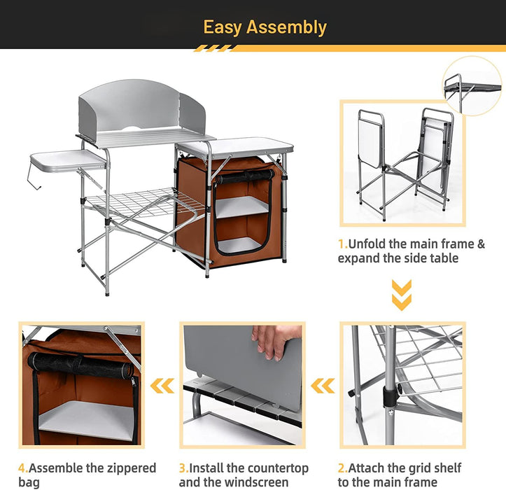 Camping Kitchen Table with Storage & Windscreen – Folding BBQ & Prep Station