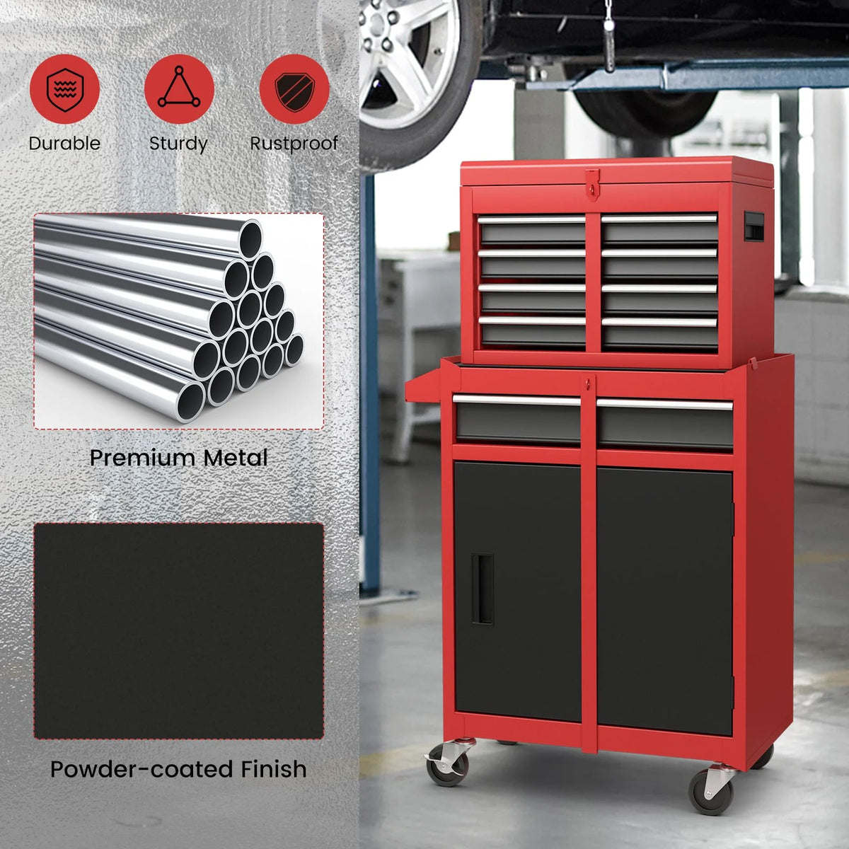 High-Capacity Rolling Tool Cabinet – Lockable Wheels, Metal 2‑in‑1 Chest & Base