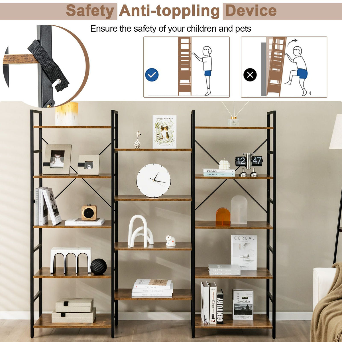 5-Tier Industrial Bookshelf with 14 Open Shelves for Home Office