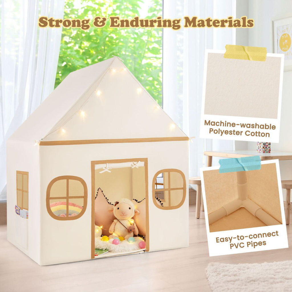 SEDOL Large Indoor Kids Playhouse with Plush Coral Velvet Mat and LED Star Lights Breathable Cotton-Blend Play Tent with Storage Pockets for Reading and Napping