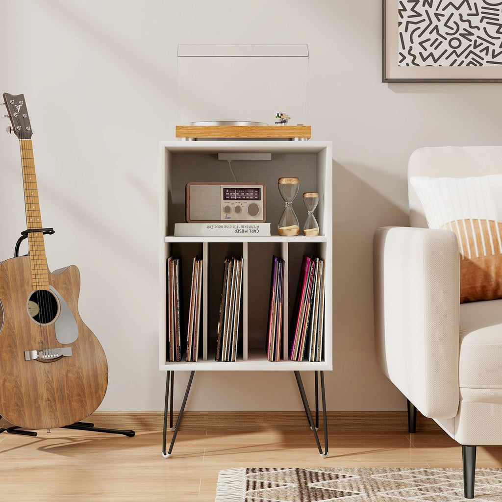 3-Tier Record Player Stand with Charging Station Shelf and 4 Dividers