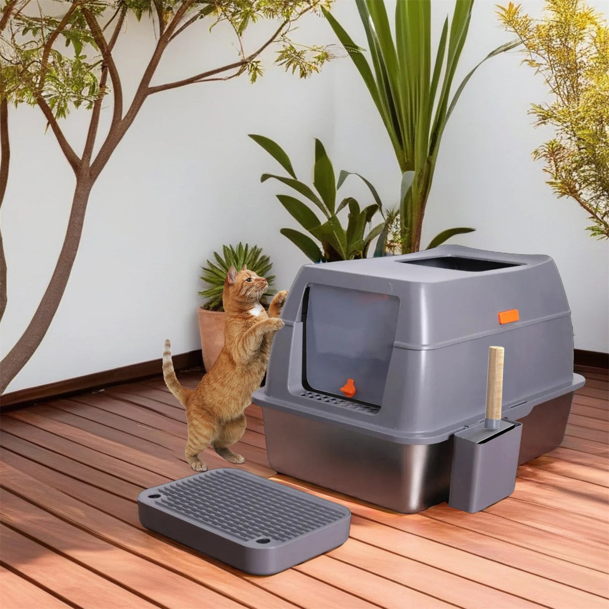 XL Stainless Steel Cat Litter Box – Enclosed Large Litter Tray with Lid, Front Entry & Top Exit Toilet Box