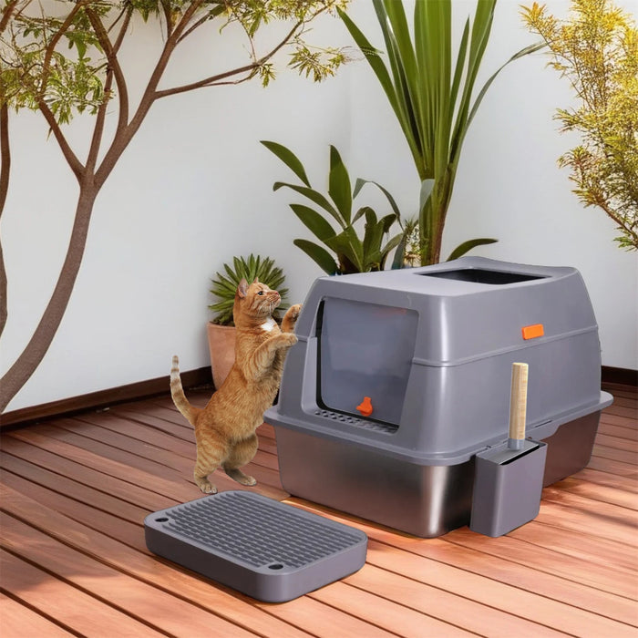 XL Stainless Steel Cat Litter Box – Enclosed Large Litter Tray with Lid, Front Entry & Top Exit Toilet Box