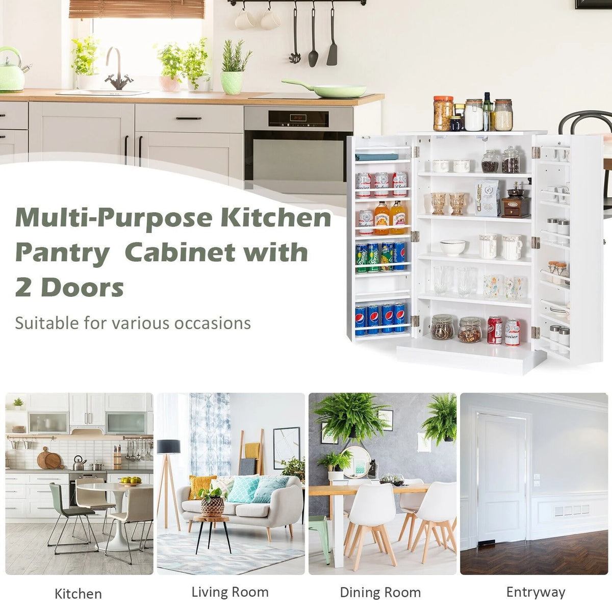2-Door Pantry Cabinet with 6 Adjustable Shelves