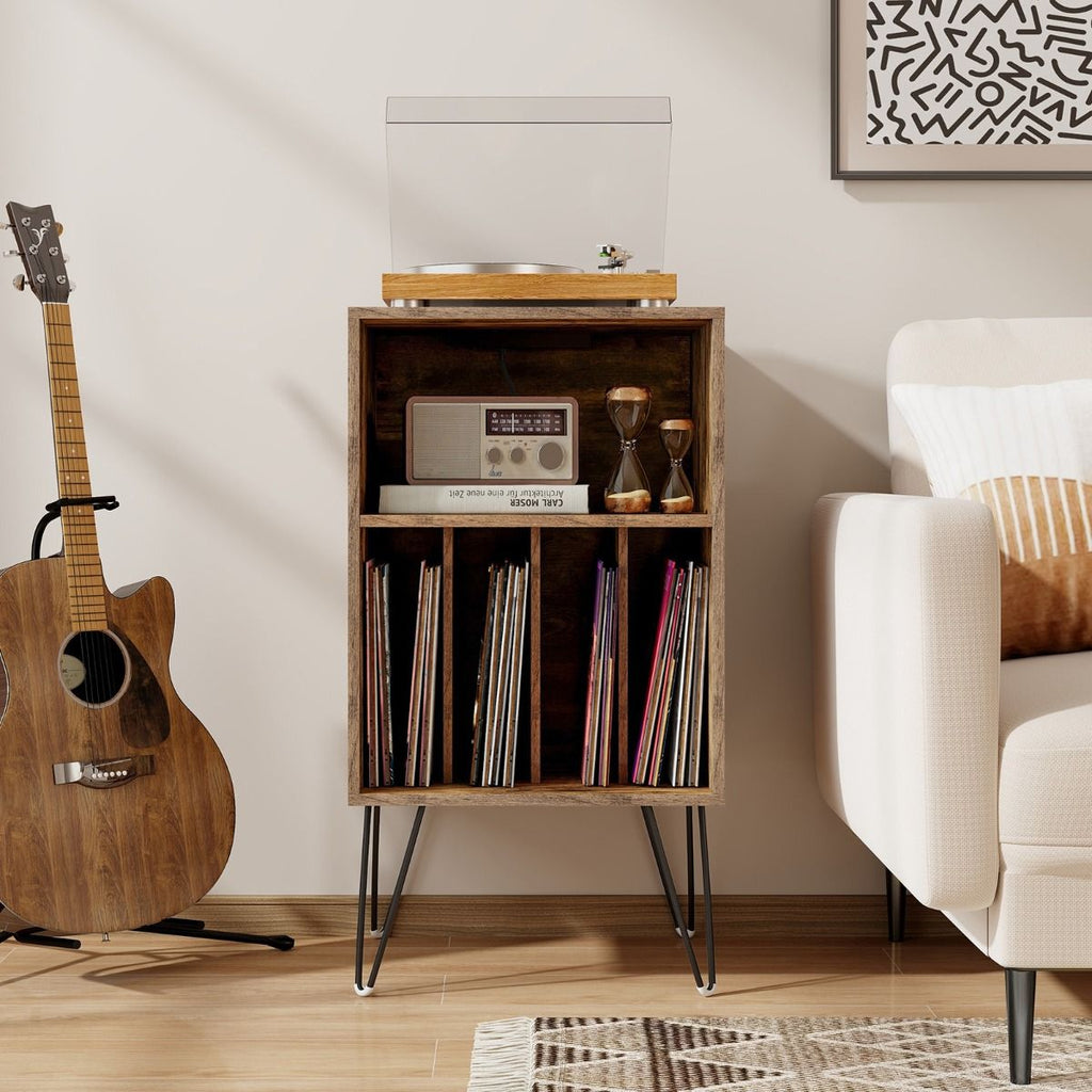 3-Tier Record Player Stand with Charging Station Shelf and 4 Dividers